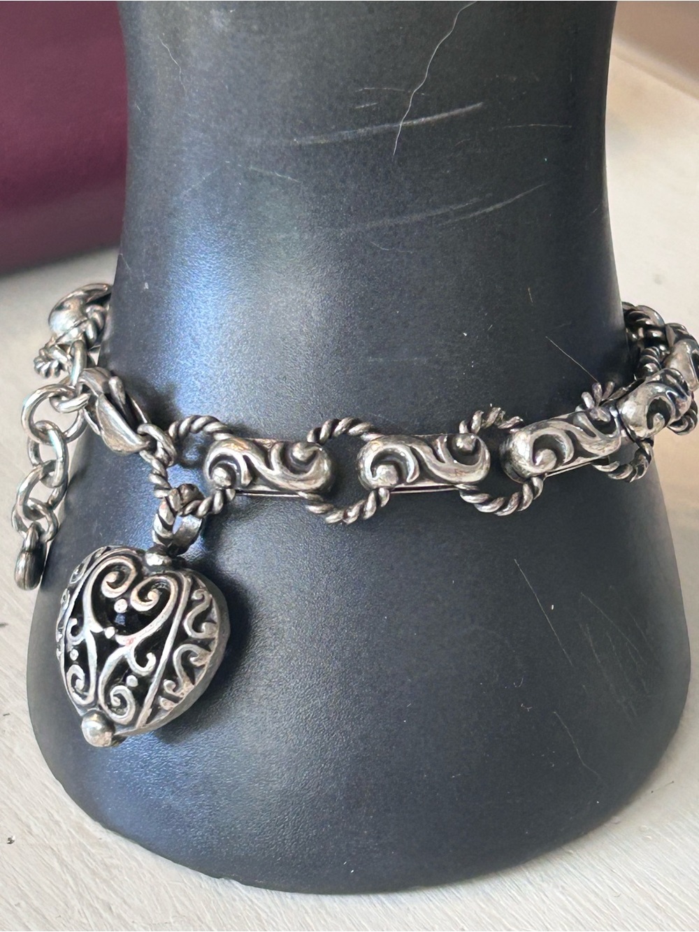 Brighton Bibi  Heart Charm Bracelet Silver Plated 7" scroll puffy heart